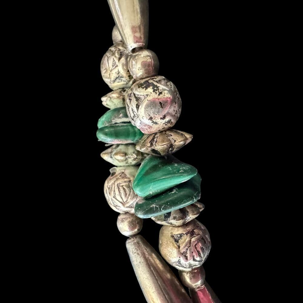Vintage Native American Malachite Fringe Double Strand Silver Necklace 22-25”44g - Picture 5 of 13